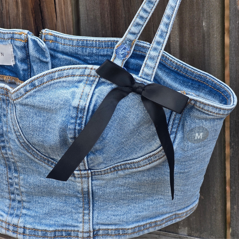 PacSun Denim Bustier Crop Bra Top M Y2K Coquette Bow Corset Style - Picture 8 of 16